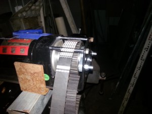 Machining completed & Pulley fitted, unit is being set up to make adjusting system for belt tensioning.